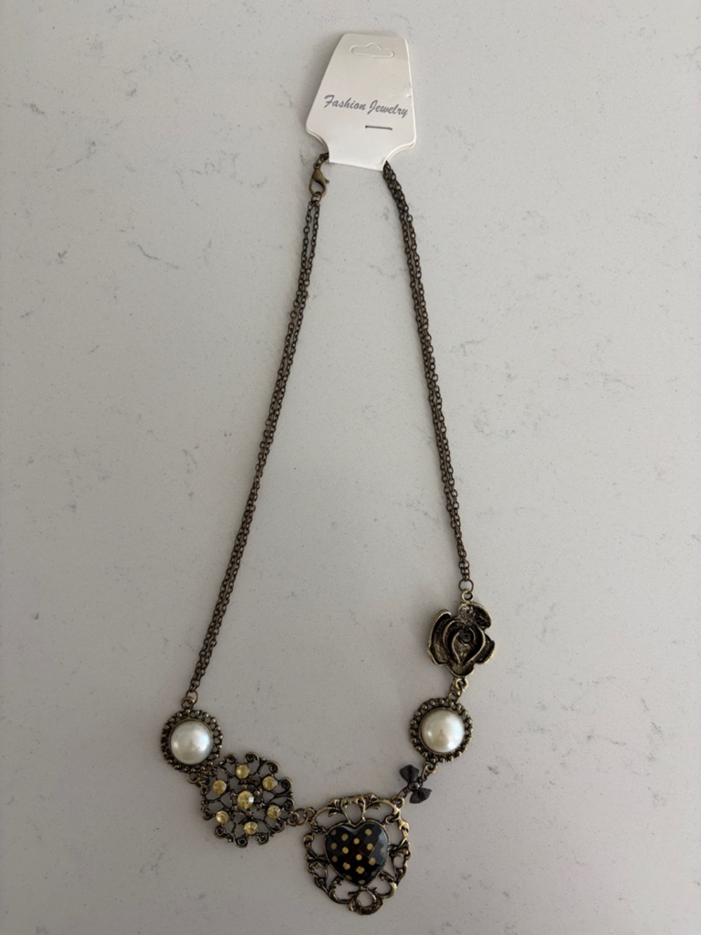 Fashion Jewelry bronze-tone floral and heart necklace with pearl accents
